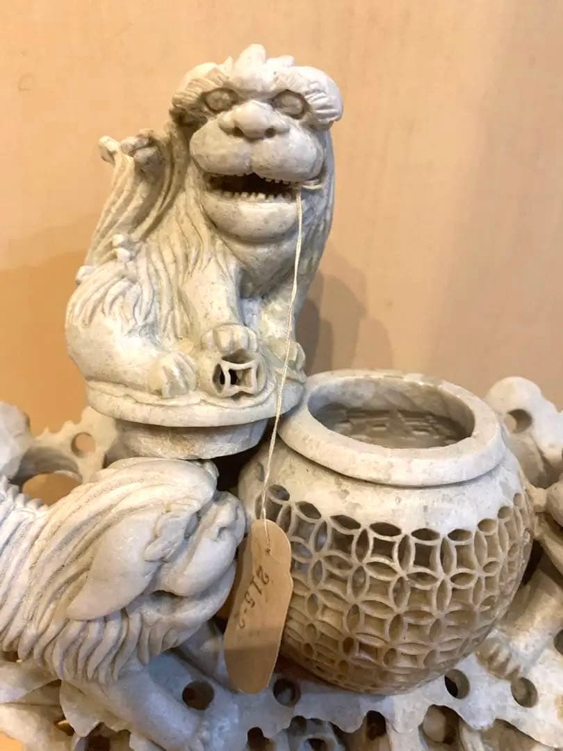 『中国』天然石 青田石 骨董彫刻 アンティーク 獅子鈕蓋爐 香炉 置物（1）