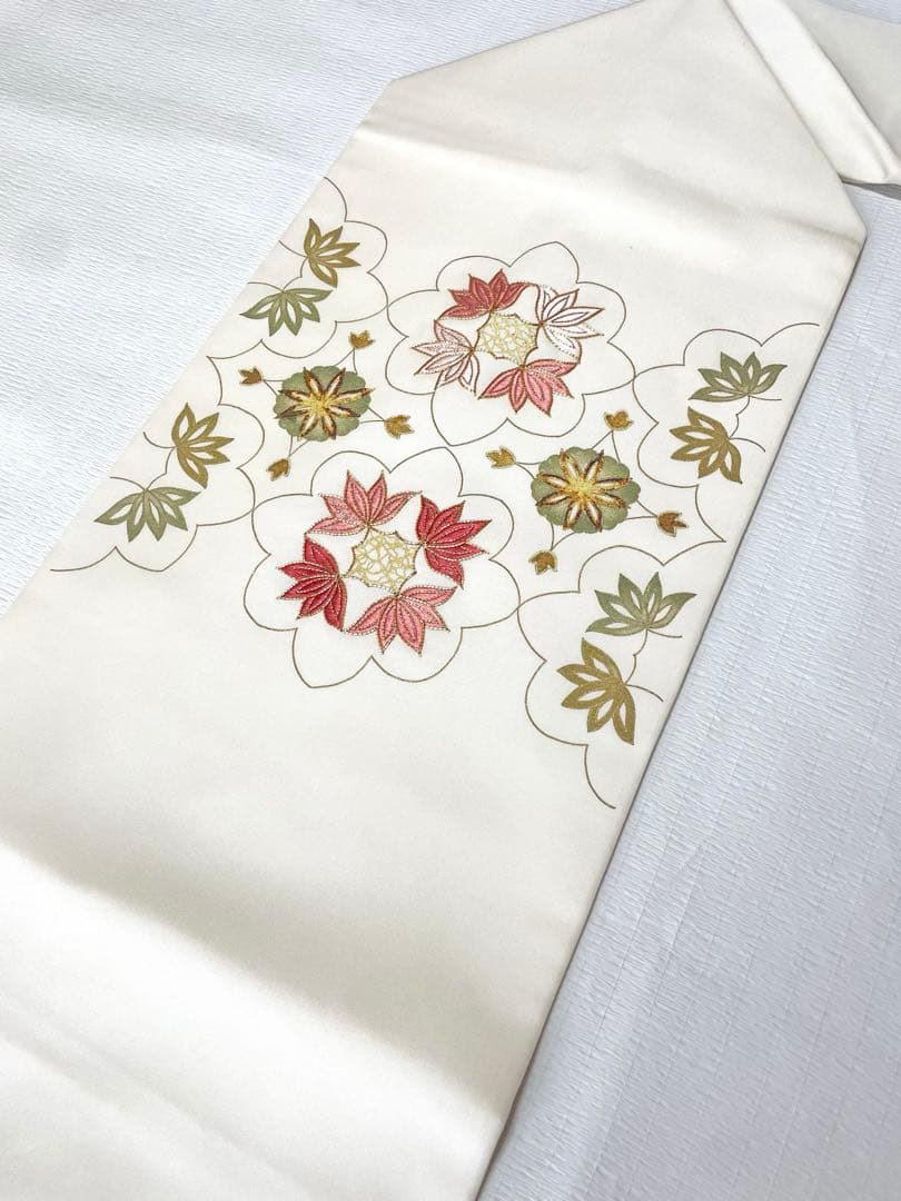 刺繍が美しい塩瀬九寸名古屋帯◇手刺繍 正絹 オフホワイト
