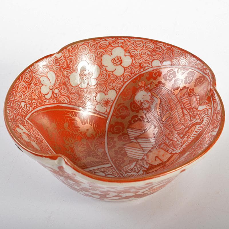 りんぞう　九谷焼　赤絵金彩　花唐草人物文　輪花盃　V　R6623