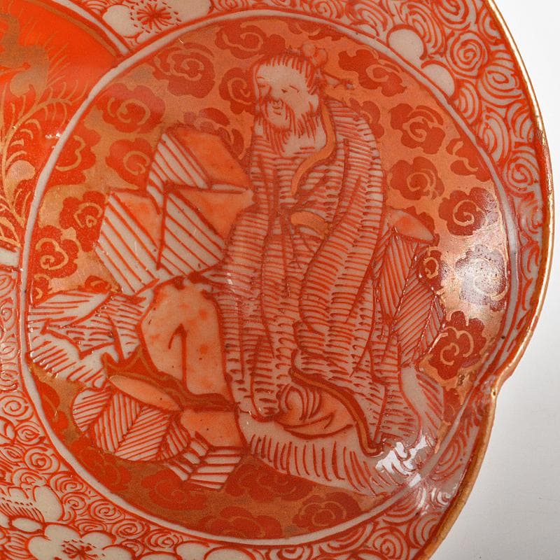 りんぞう　九谷焼　赤絵金彩　花唐草人物文　輪花盃　V　R6623