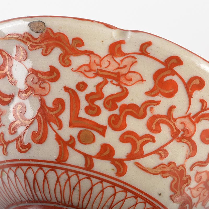 りんぞう　九谷焼　赤絵金彩　花唐草人物文　輪花盃　V　R6623