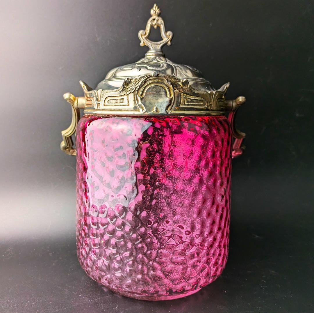 大型24㎝！仏アンティーク オルモル技法ガラス ルージュ クッキージャー