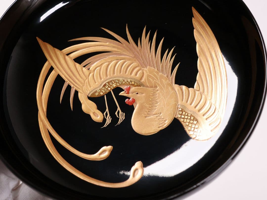 【CM399】天然木漆塗 菊桐鳳凰金蒔絵 黒塗 煮物椀 1客 昭和期 木製漆器