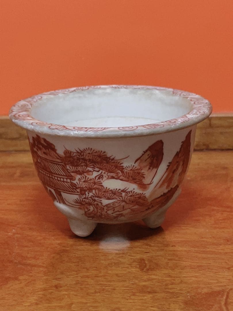 九谷雄岳　希少　赤絵山水図　九谷焼　ミニ盆栽鉢　盆栽鉢　盆栽小鉢　鉢　盆栽