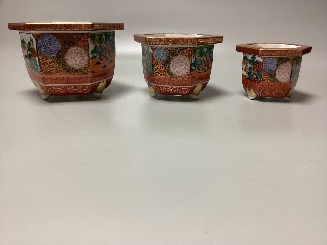 最終値下げ　九谷焼　銘　九谷正三　絵　変わり　赤絵　3点揃い　六角鉢　盆栽鉢