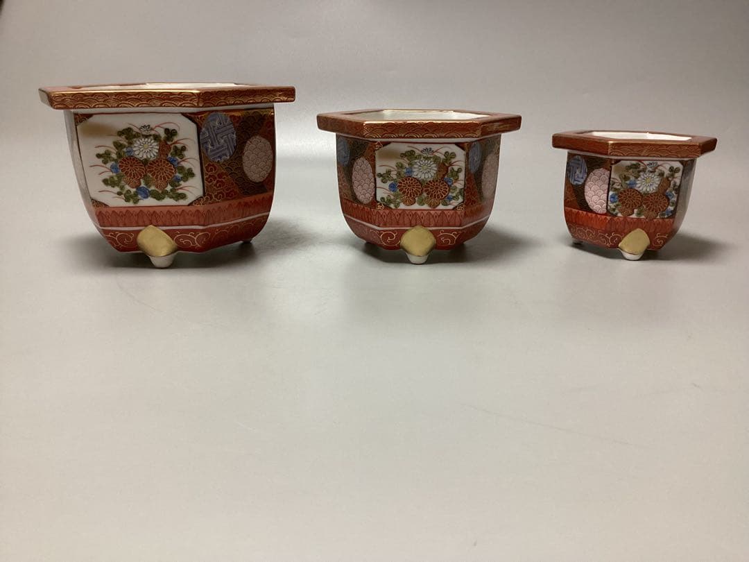 最終値下げ　九谷焼　銘　九谷正三　絵　変わり　赤絵　3点揃い　六角鉢　盆栽鉢