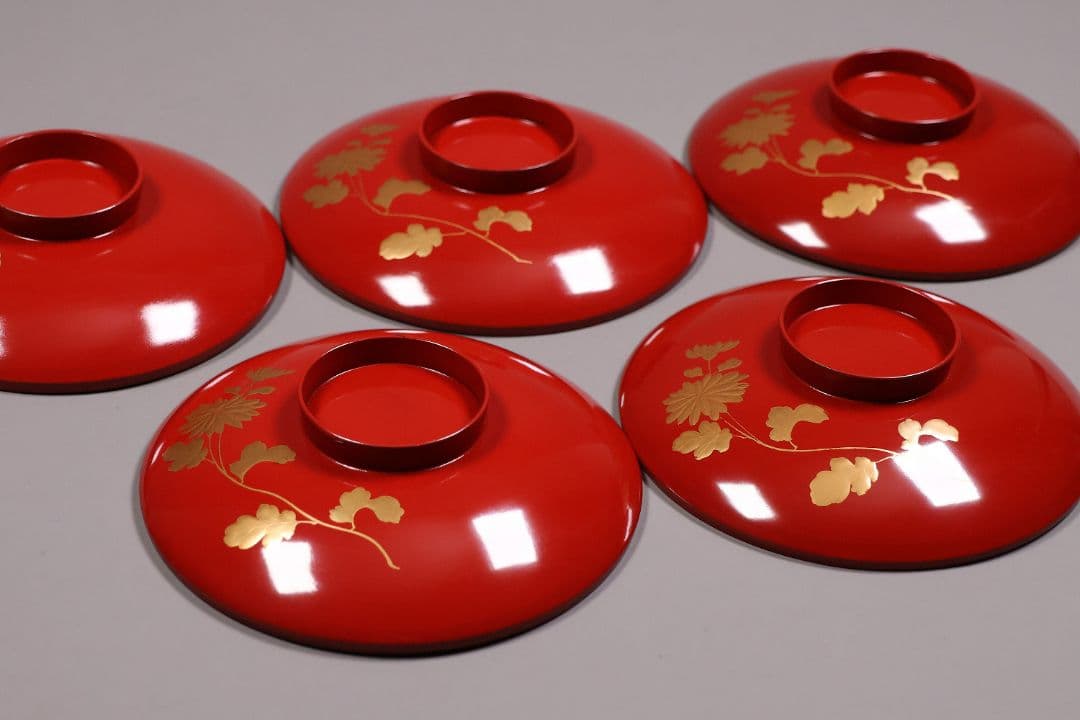 【CM244】時代木製漆器 桐鳳凰・菊 金蒔絵 朱塗 引盃 五客 木製漆器 小皿