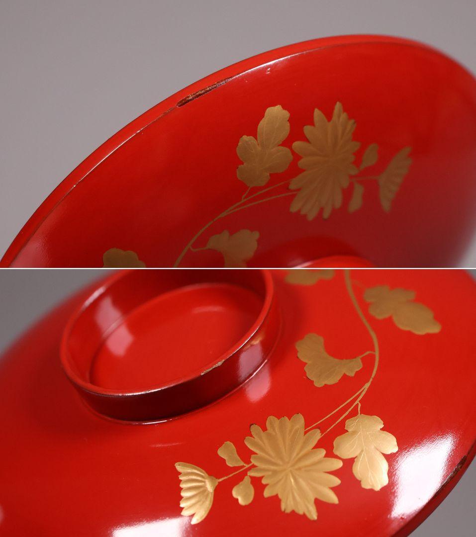 【CM244】時代木製漆器 桐鳳凰・菊 金蒔絵 朱塗 引盃 五客 木製漆器 小皿