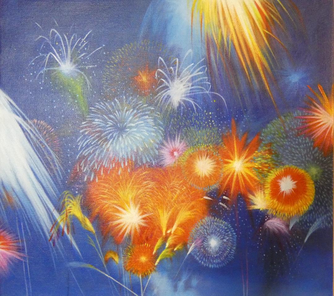 絵画　額付き　ヒロ ヤマガタ　F8 【　花火　】手描き　肉筆