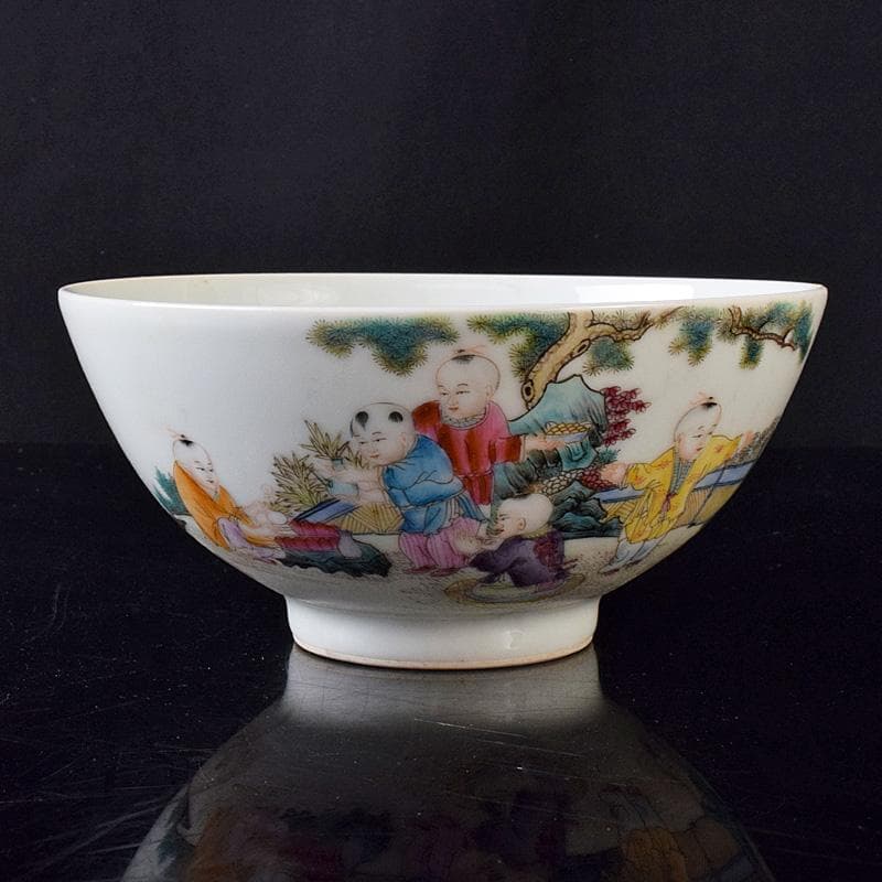 中国　雍正年製　粉彩漢詩唐子文碗　C　8019E