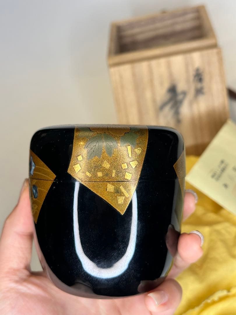 一兆作 茶棗 茶道具 漆芸 洒金 描金 螺鈿嵌 作家物 底部款識 共箱 共布