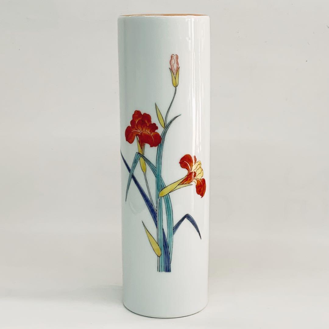 【花瓶　錦　筒形　草花文　小花生】二重渦福　柿右衛門　共箱