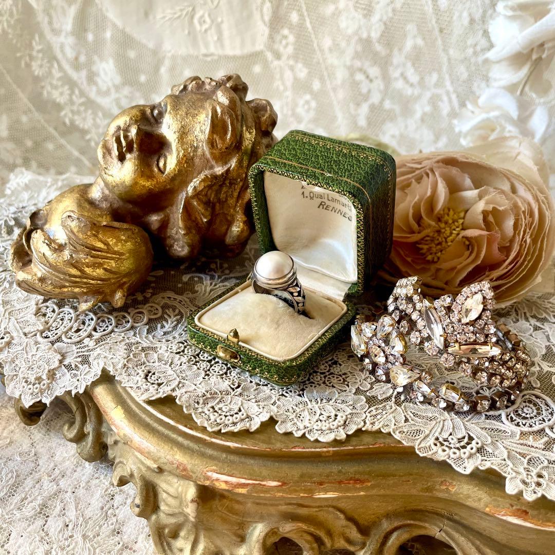 金彩入りジュエリーボックス　リングケース　グリーン緑　フランスアンティーク