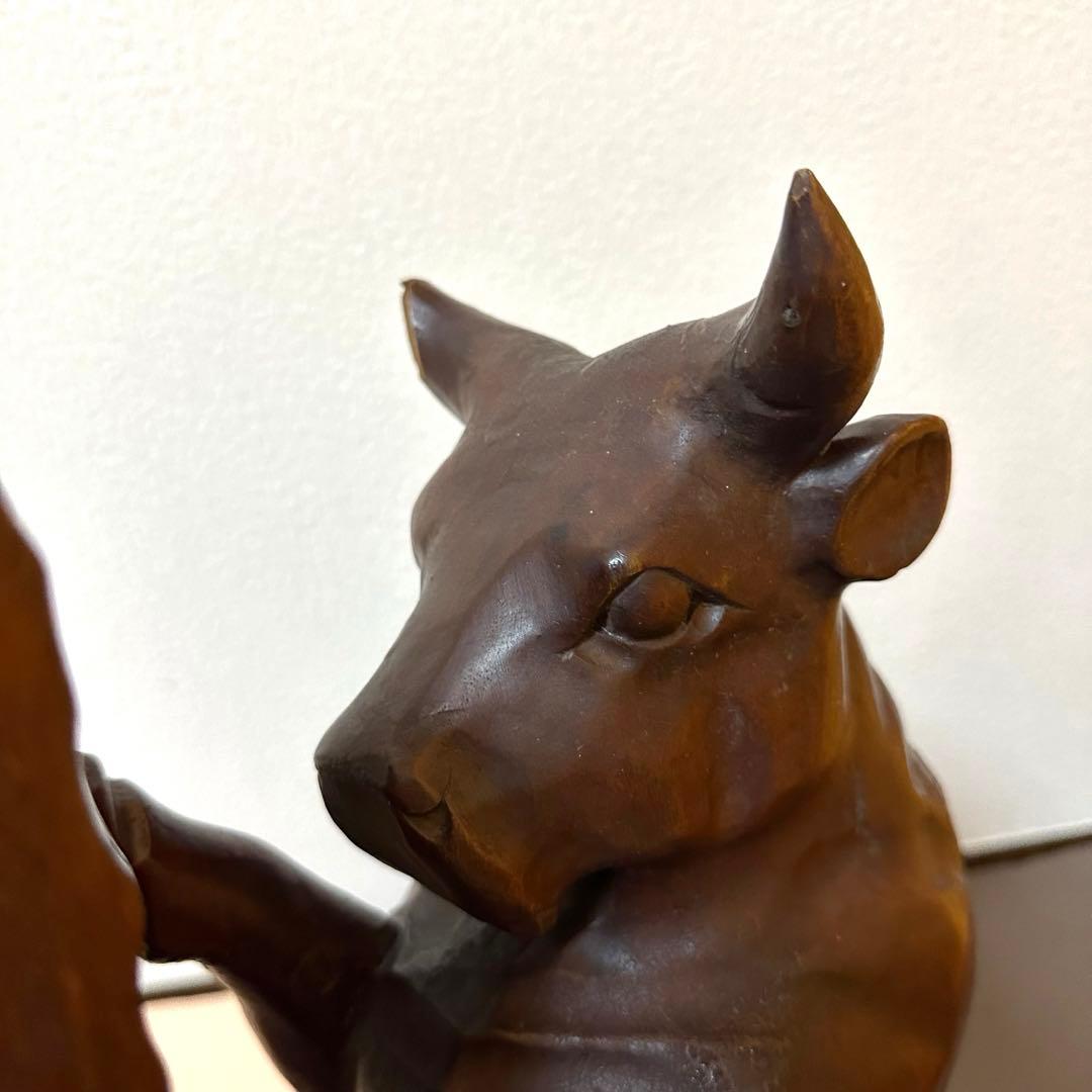 【訳あり品】牛 闘牛 木彫 骨董 古美術 置物 オブジェ アンティーク　縁起物