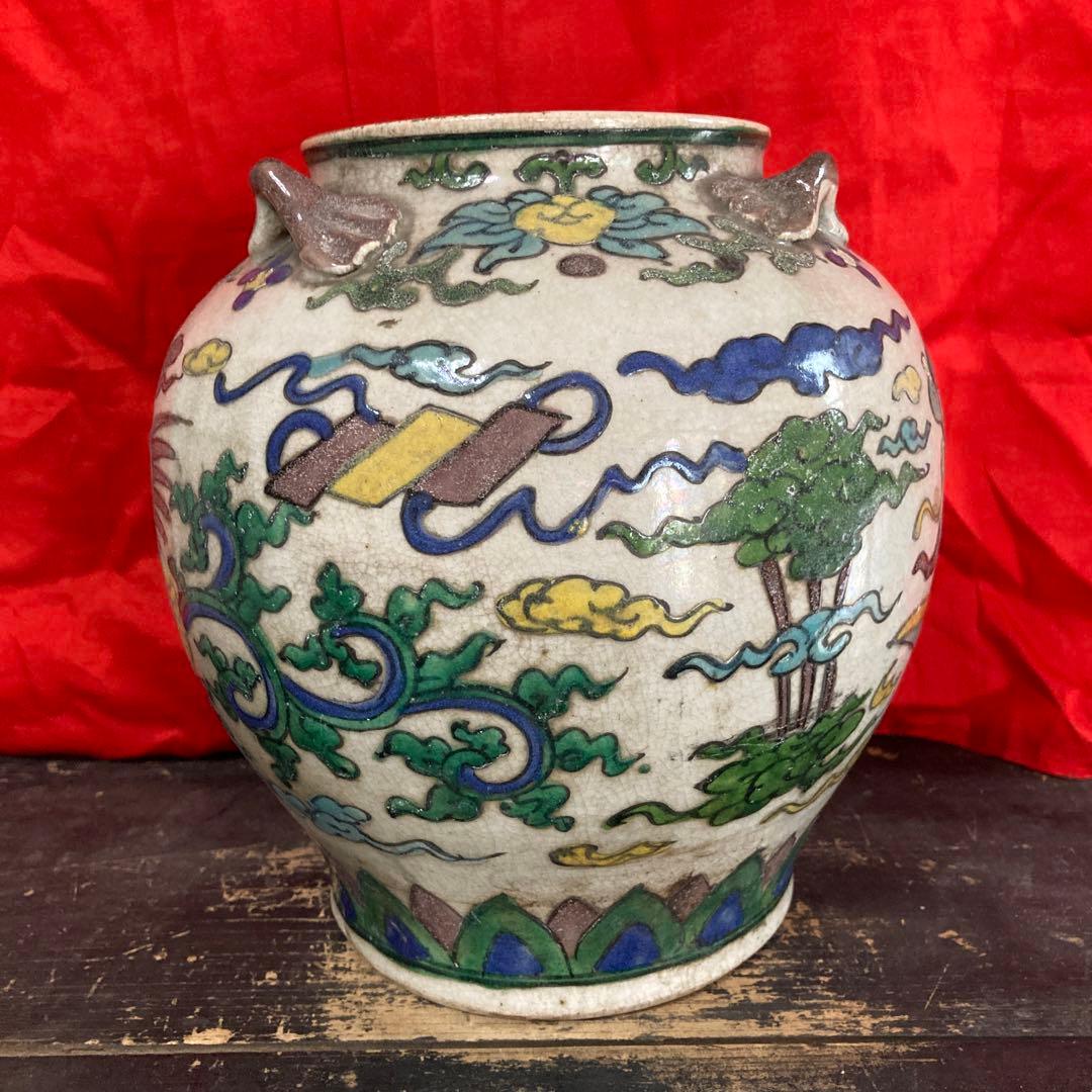 中国　色絵　三耳壺　鳳凰図