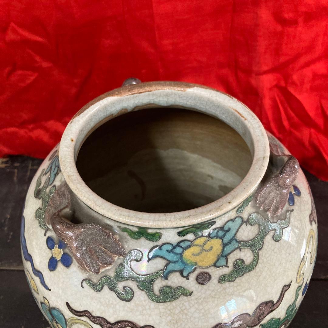 中国　色絵　三耳壺　鳳凰図