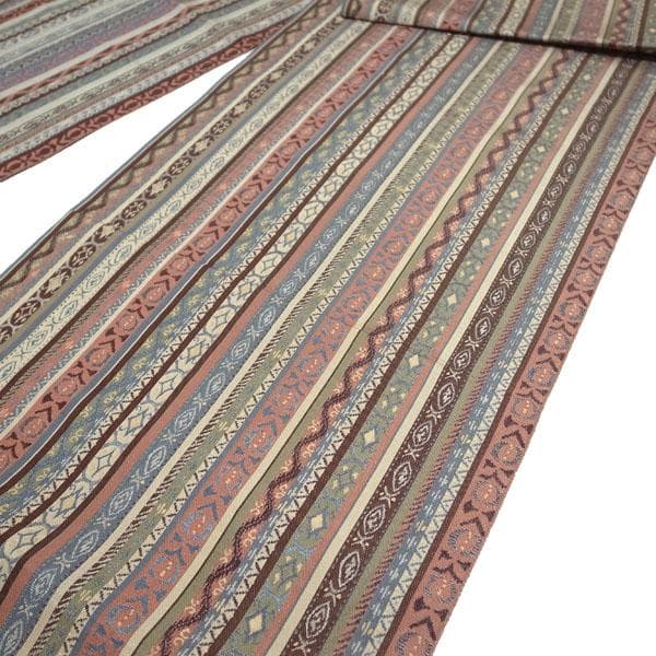 名古屋帯 八寸 本場筑前博多織 博多織 全通 縞 草花 七宝 中古 kp2305