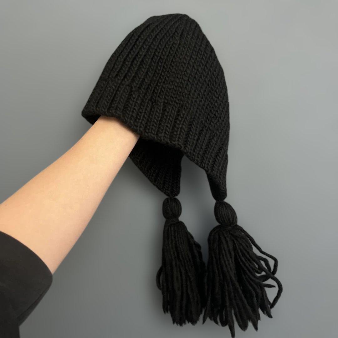 LIMI feu ブラックニット帽 フリンジ付き