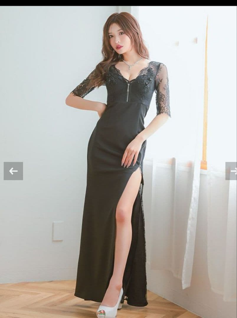 新品ブラックレース袖スリットドレス