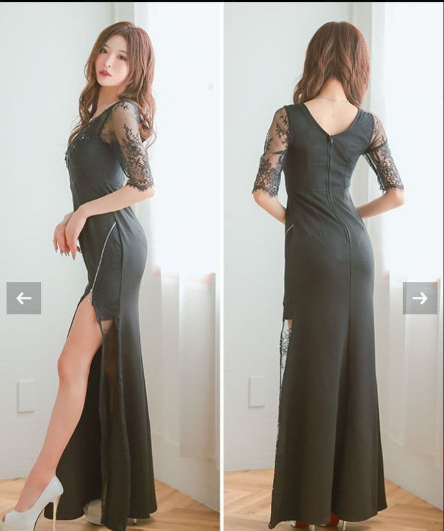 新品ブラックレース袖スリットドレス