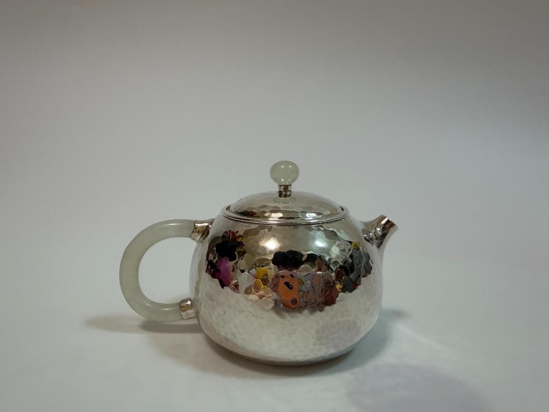 純銀製 丸形 玉石摘 鎚目紋 急須 銀瓶 煎茶道具