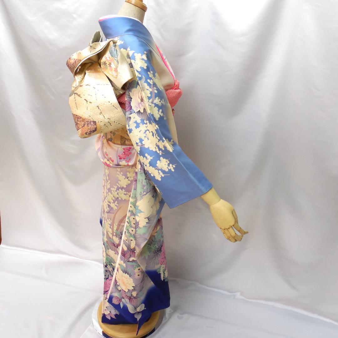 美品★振袖フルセット　正絹　成人式　振袖　7点セット　Mサイズ　水色　花柄