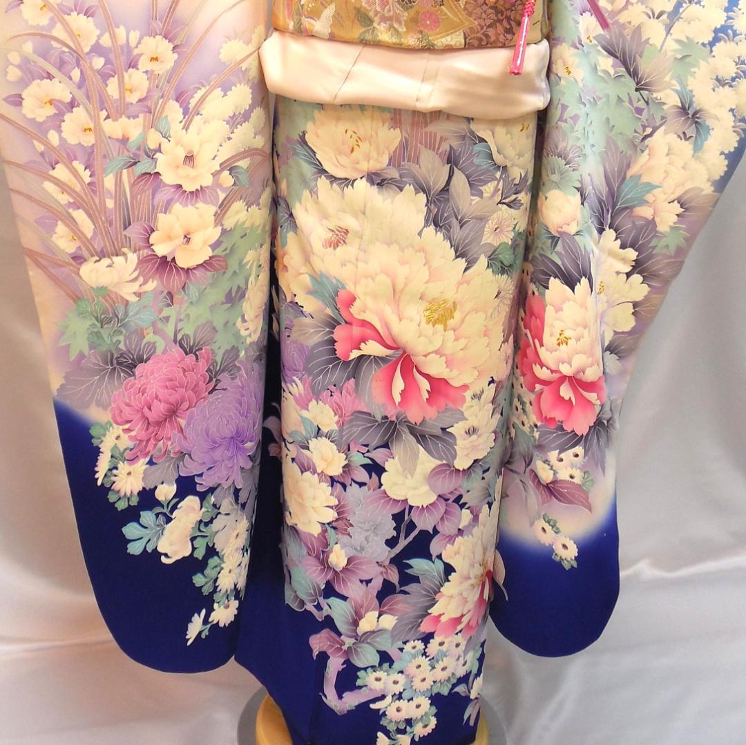 美品★振袖フルセット　正絹　成人式　振袖　7点セット　Mサイズ　水色　花柄