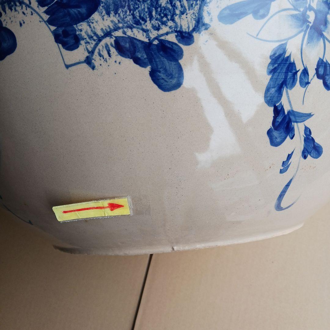 新品　∅50　陶器　睡蓮鉢　特大　難有　メダカ鉢　手書き絵　花柄　手造　LFB1