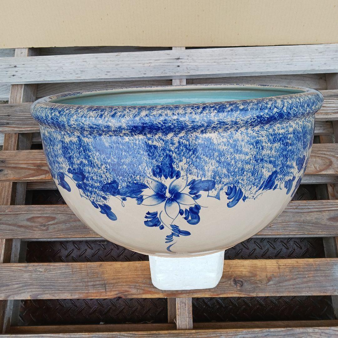 新品　∅50　陶器　睡蓮鉢　特大　難有　メダカ鉢　手書き絵　花柄　手造　LFB1