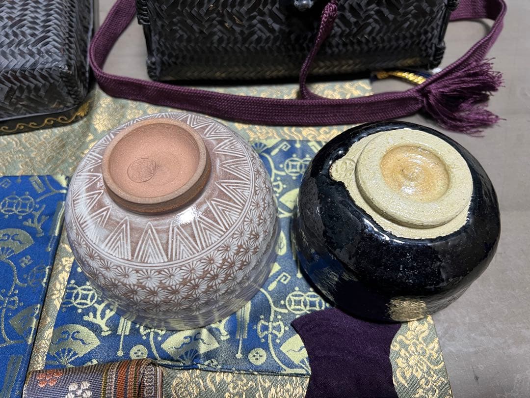 御所籠 栗田元竺 茶道具 黒楽茶碗 刷毛目茶碗 古帛紗 莨入れ 茶箱