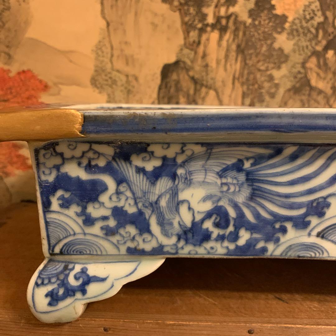 水盤  龍凤図　青華染附  大珍品　明治初期   アンティーク241