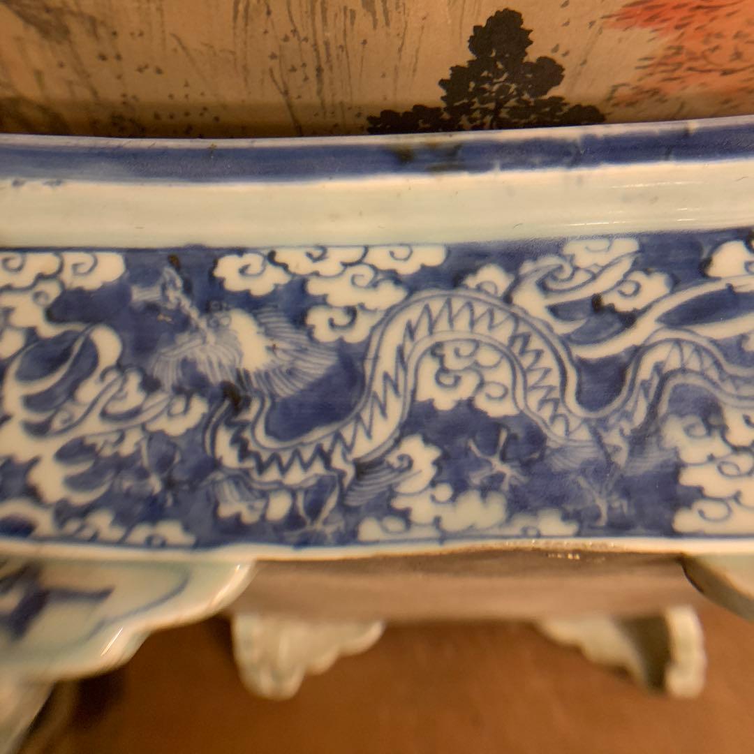 水盤  龍凤図　青華染附  大珍品　明治初期   アンティーク241