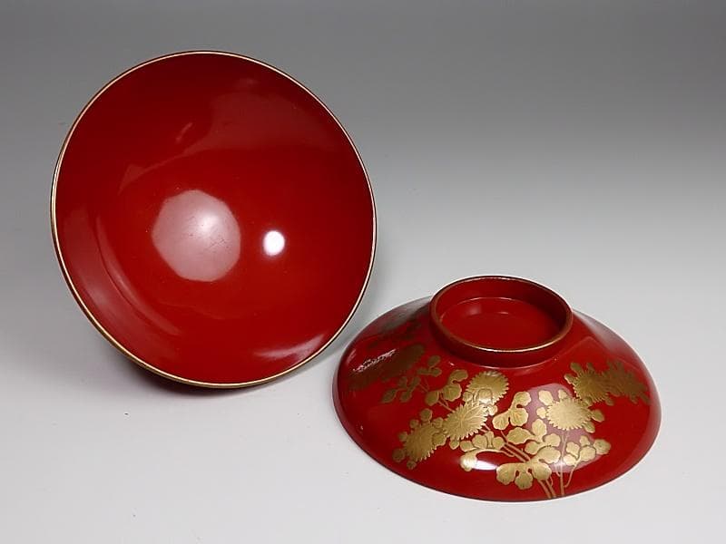 金蒔絵　 小菊の図　 朱塗吸物椀　木製品　６客　A- GGm