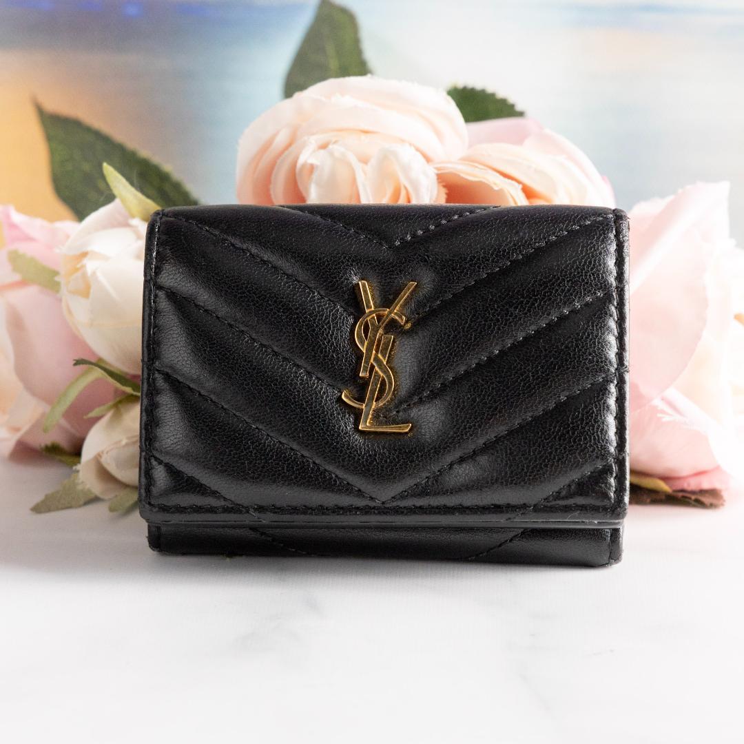 渡辺和敬 【箱付き】 綺麗✨サンローラン ラムスキン三つ折りミニ財布黒 金