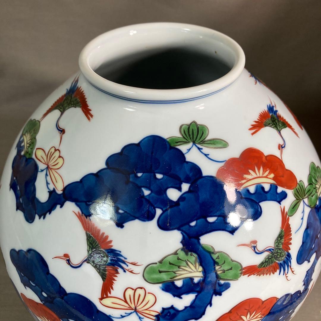 【源右衛門】古伊万里の伝統　日本の名窯　舘林源右衛門作　染錦松鶴文　花瓶