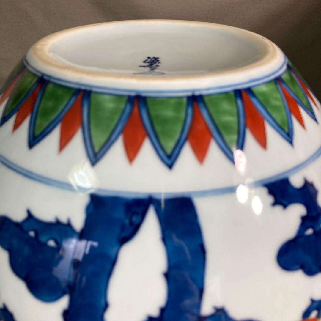 【源右衛門】古伊万里の伝統　日本の名窯　舘林源右衛門作　染錦松鶴文　花瓶