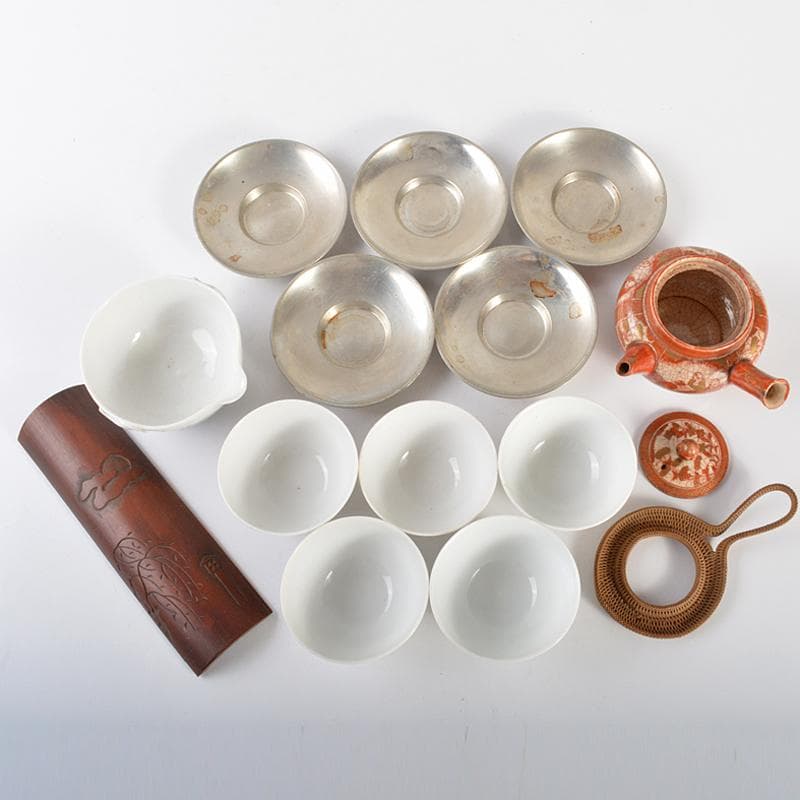 純銀製　銀瓶　湯沸し　錫半製茶托五客　九谷焼急須　煎茶器局　K　R6721B