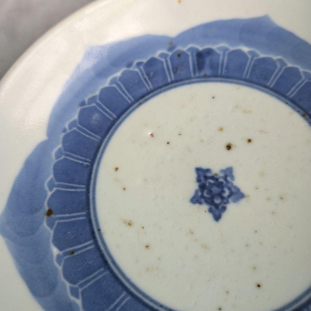 古伊万里　染付　深皿　膾皿　江戸時代　金直し　金継ぎ　骨董　五弁花　薄瑠璃