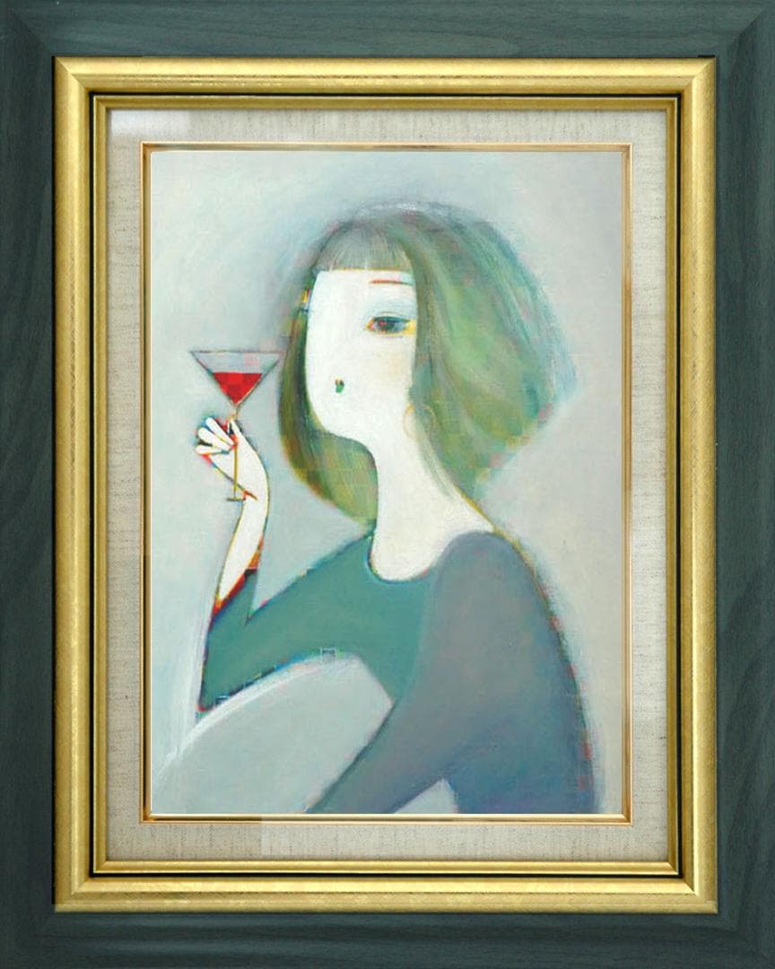 油絵 絵 絵画インテリア 額付(青緑＋金色の枠) F6-050313 人物女性像