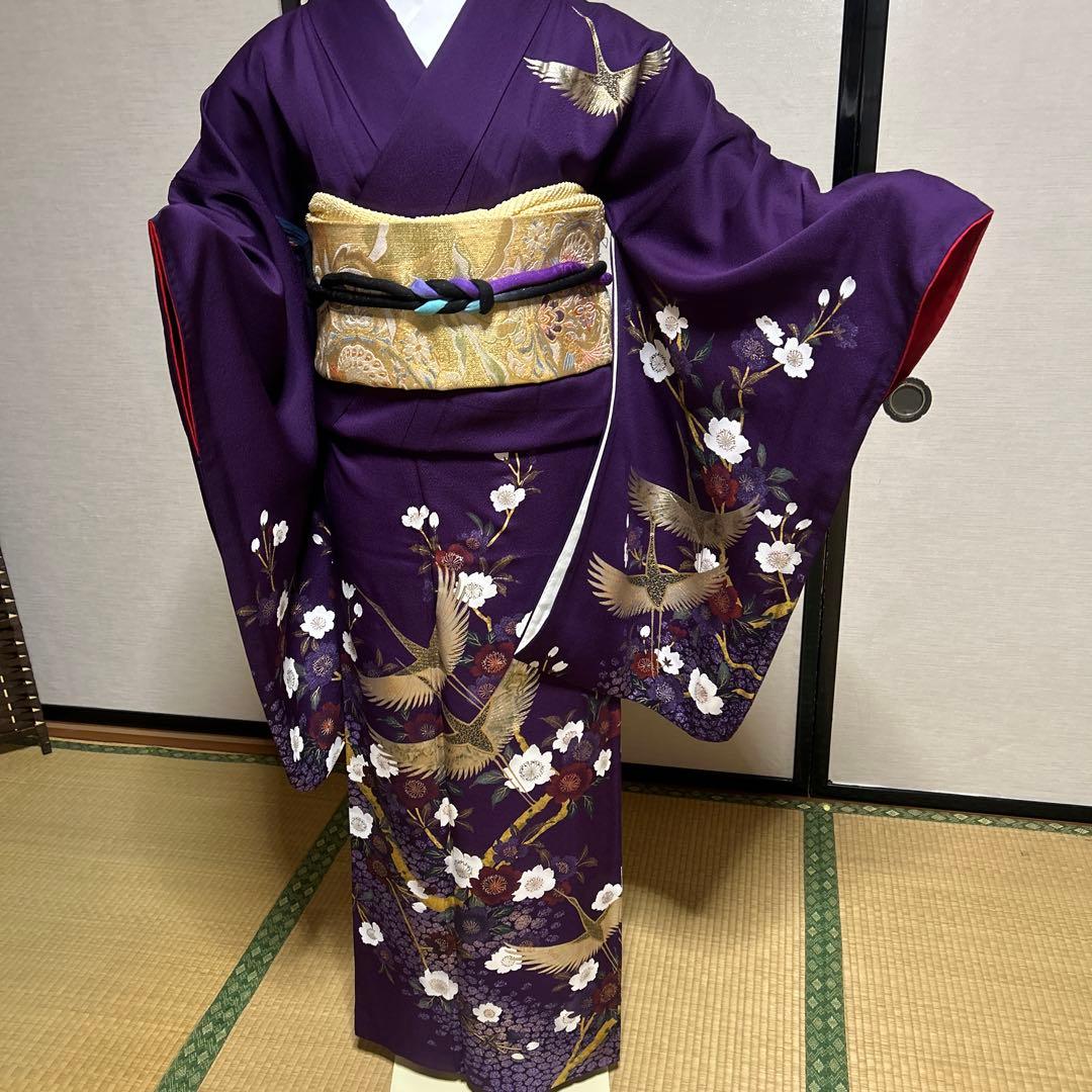中古美品紫色の鶴と花の金彩友禅中振袖 と袋帯　長襦袢の3点セット