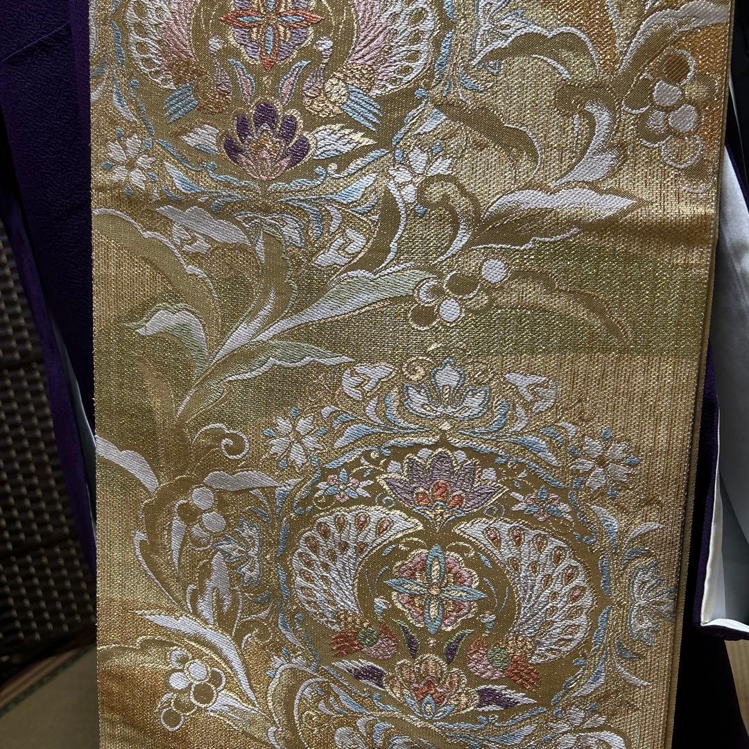 中古美品紫色の鶴と花の金彩友禅中振袖 と袋帯　長襦袢の3点セット