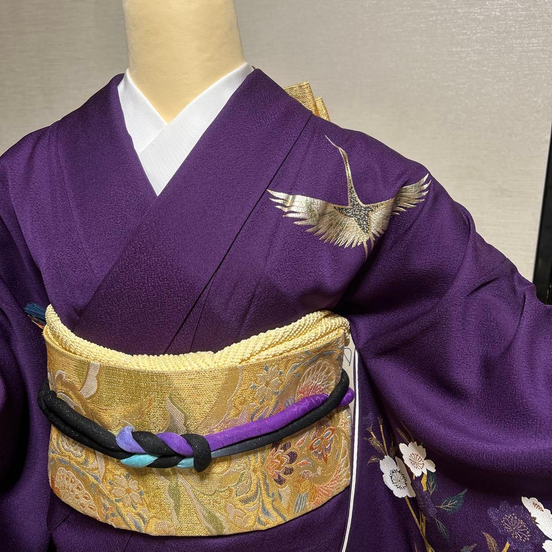 中古美品紫色の鶴と花の金彩友禅中振袖 と袋帯　長襦袢の3点セット