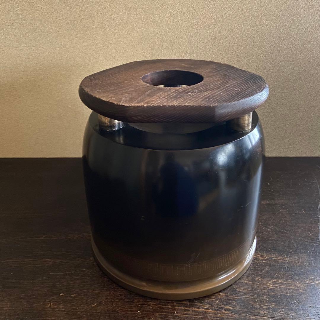 唐銅製　脚付火鉢　木製台付き　共箱　骨董　茶道具