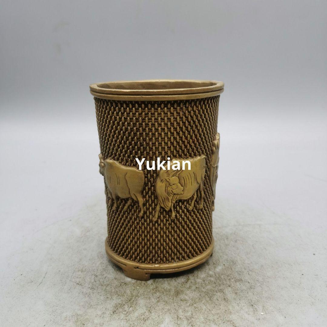 銅器 五牛筆筒 筆置 筆入 書道具 文房具 装飾品 工芸品 美術品