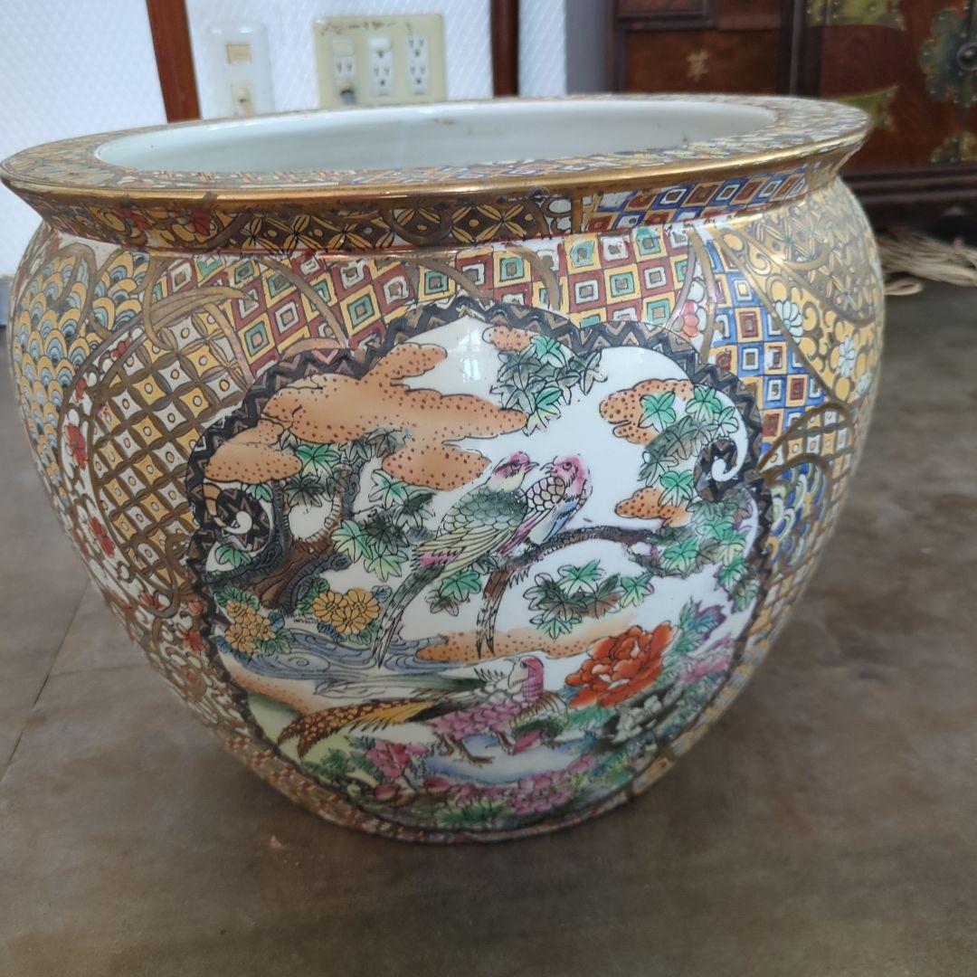 骨董 金魚 鉢 水鉢 めだか 睡蓮鉢 鉢カバー テーブル 金箔装飾 陶器鉢