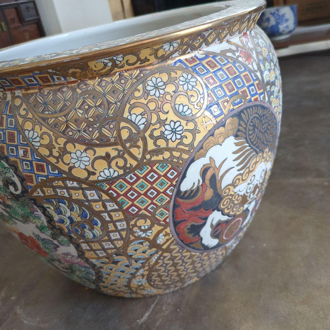 骨董 金魚 鉢 水鉢 めだか 睡蓮鉢 鉢カバー テーブル 金箔装飾 陶器鉢