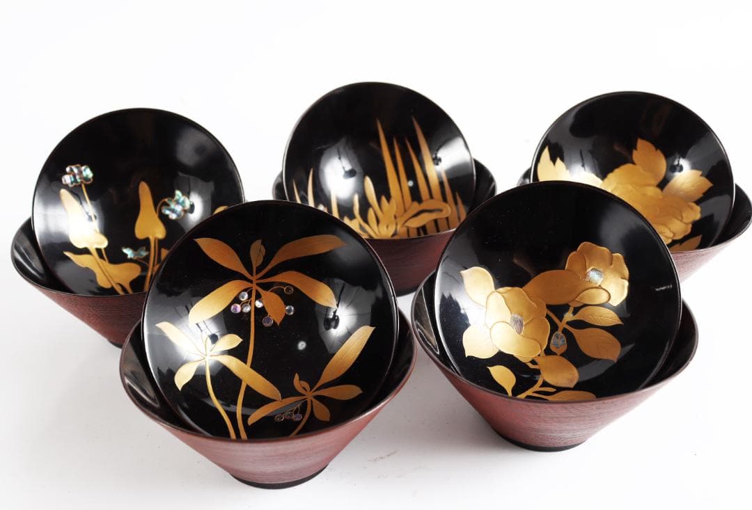 糸目 内梨地 螺鈿 花 図替 吸物椀 五客 蒔絵椀 懐石道具③