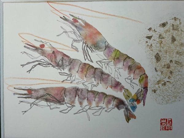 片岡 鶴太郎、【海老】、希少画集画、状態良好、四季、自然、新品額 額装付