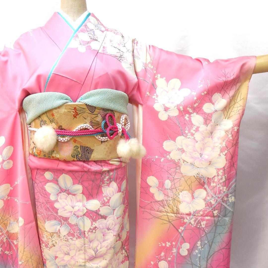 訳あり特価★美品　振袖フルセット　正絹　成人式　振袖　Mサイズ　ピンク　花柄