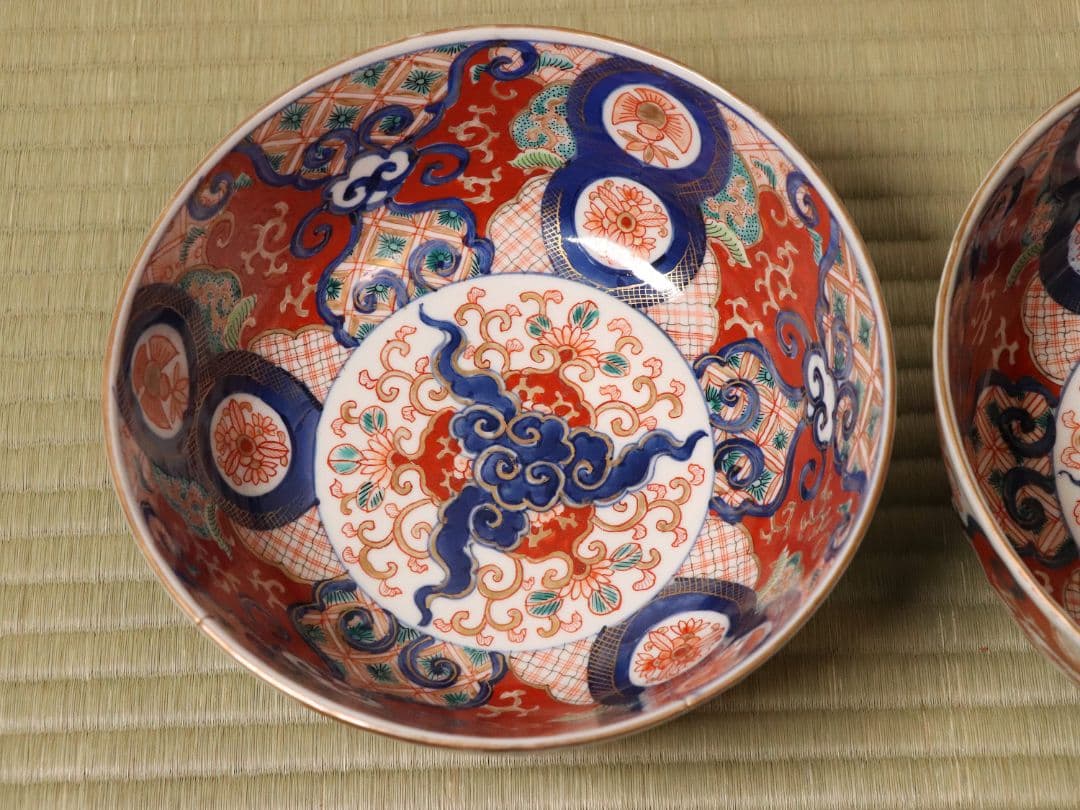 古伊万里 冨貴長春 色絵鉢 二客 福良雀 草花 唐草 錦手 中鉢【MA479】